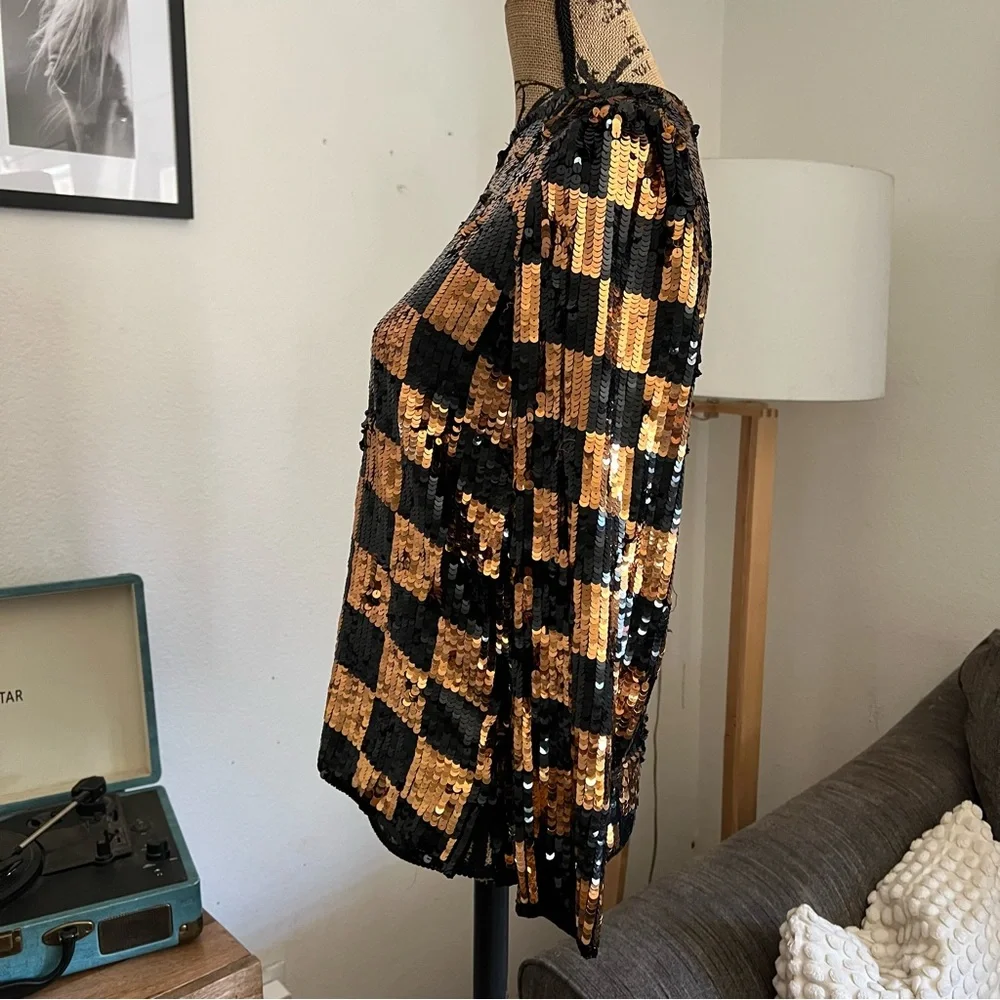 Argenti Vintage Black & Copper Sequins Checkered Silk Blouse Size S - Picture 6 of 14